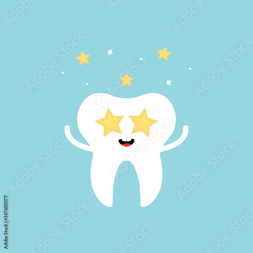 Cute impressed, celebrating vector cartoon tooth character with stars in the eyes and confetti.