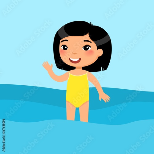 Little asian girl standing in a swimsuit flat vector illustration. Beautiful child having fun in water, waving hand. Cheerful kid in swimsuit enjoying summer activities color cartoon character
