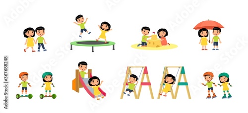 Little asian boy and girl plays in the playground. Concept of summer entertainment and friendship. Children play different summer games.  Sport and recreation. Cartoon characters