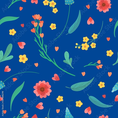 Abstract wildflowers on bright blue background. Flowers blossoms and leaves flat vector retro seamless pattern. Floral decorative backdrop. Blooming meadow plants. Vintage textile, fabric