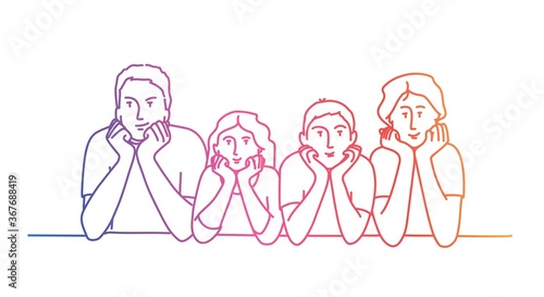 Bored family is staying at home during quarantine. Rainbow colours in linear vector illustration.