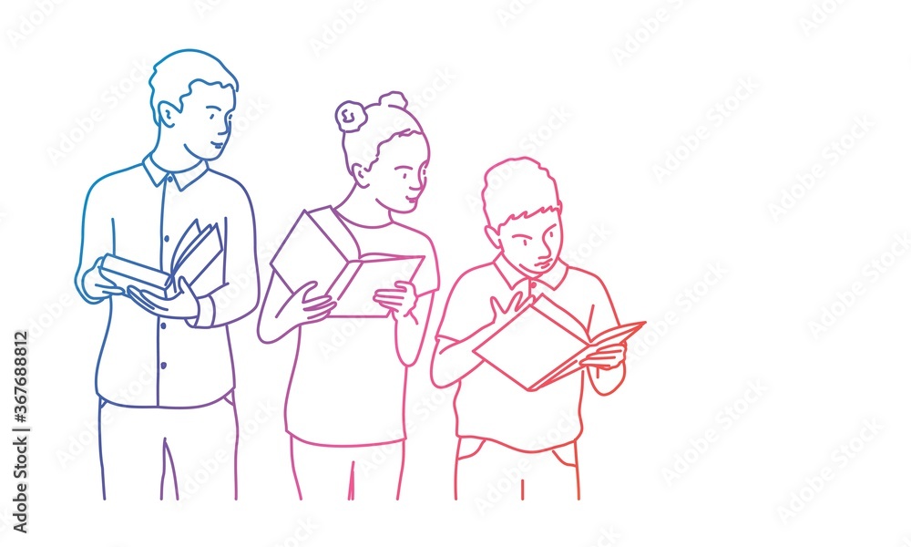 School children with books. Rainbow colours in linear vector illustration. School children with books. Rainbow colours in linear vector illustration.