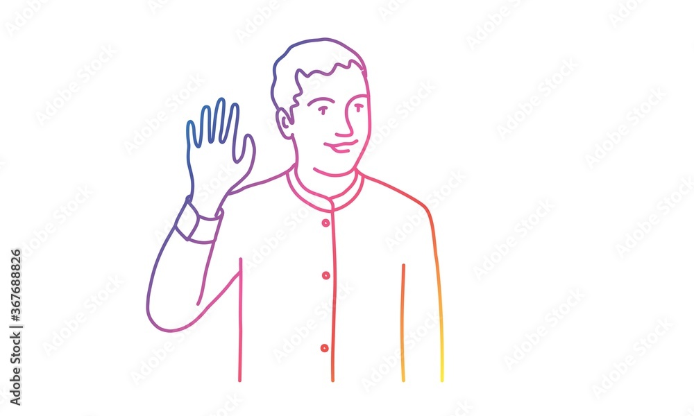 Man waving hand. Speech bubble hi. Rainbow colours in linear vector illustration. Man waving hand. Speech bubble hi. Rainbow colours in linear vector illustration.