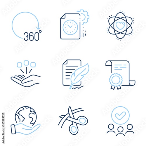 Scissors, Project deadline and 360 degrees line icons set. Diploma certificate, save planet, group of people. Atom, Consolidation and Feather signature signs. Vector