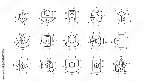 VR simulation, Panorama view, 360 degrees. Augmented reality line icons. Virtual reality gaming, augmented, full rotation arrows icons. Linear set. Geometric elements. Quality signs set. Vector