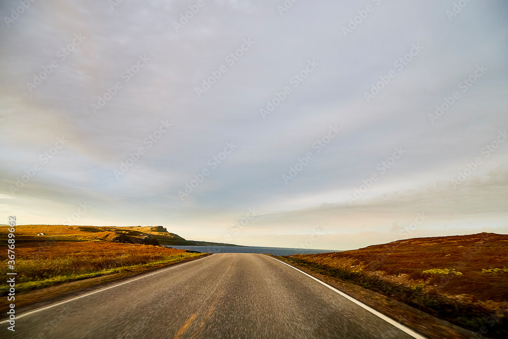 Landscape with road in tundra in Norway at cloudy evening