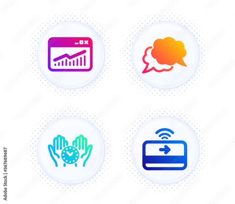 Chat message, Website statistics and Safe time icons simple set. Button with halftone dots. Contactless payment sign. Speech bubble, Data analysis, Management. Financial payment. Business set. Vector Chat message, Website statistics and Safe time icons simple set. Button with halftone dots. Contactless payment sign. Speech bubble, Data analysis, Management. Financial payment. Business set. Vector