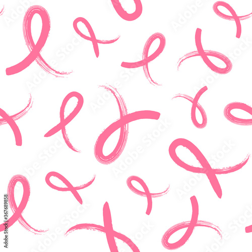 Seamless pattern with hand drawn pink ribbon. Breast cancer awareness background.