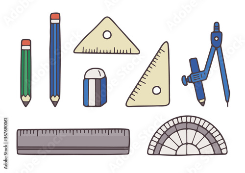 文房具 ステーショナリー 定規 鉛筆 消しゴム 線画 ベクター イラスト