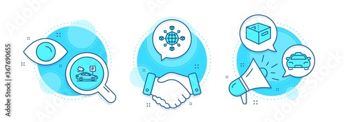 Parking security, Taxi and Office box line icons set. Handshake deal, research and promotion complex icons. Logistics network sign. Video camera, Passengers transport, Delivery box. Vector