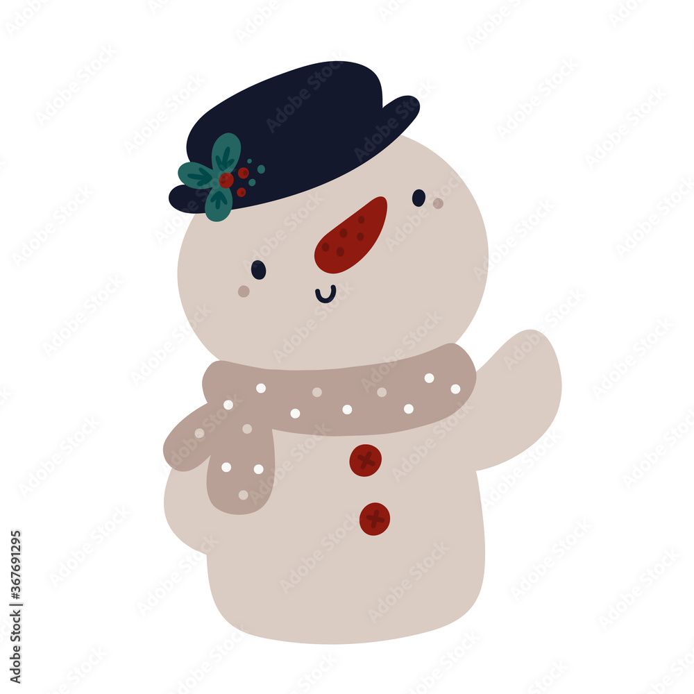Cute snowman in hat isolated on a white background. Cartoon character on a festive theme for the new year or Christmas. Childish vector Illustration for happy new year celebration Cute snowman in hat isolated on a white background. Cartoon character on a festive theme for the new year or Christmas. Childish vector Illustration for happy new year celebration