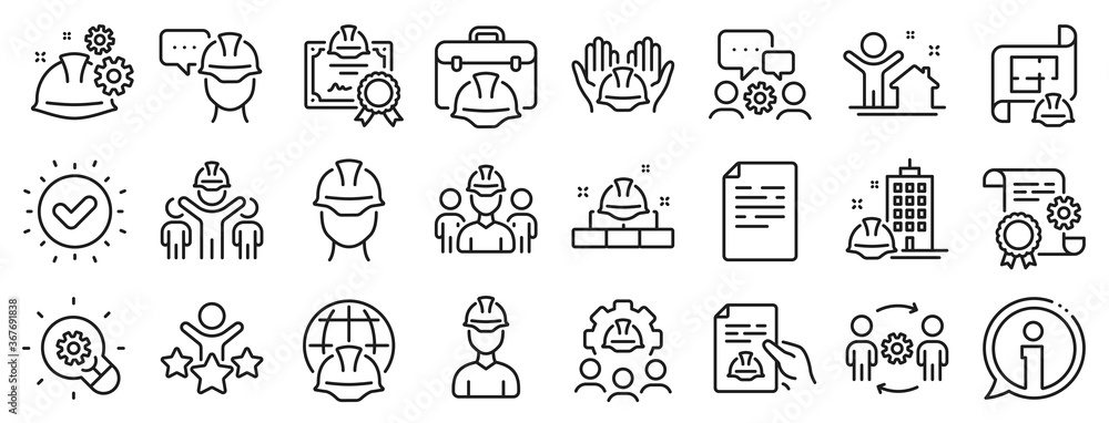 Teamwork, People and Technical documentation. Engineering line icons ...