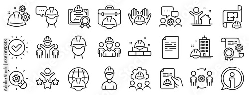 Teamwork, People and Technical documentation. Engineering line icons. Blueprint with gear, engineer and construction helmet set icons. Technician, industrial people, engineering process. Vector