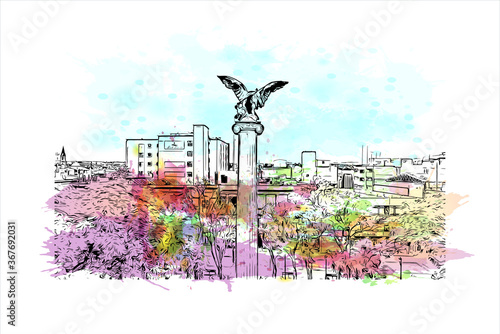 Building view with landmark of Aguascalientes is a city in central Mexico known for the Spanish. Watercolor splash with hand drawn sketch illustration in vector.
