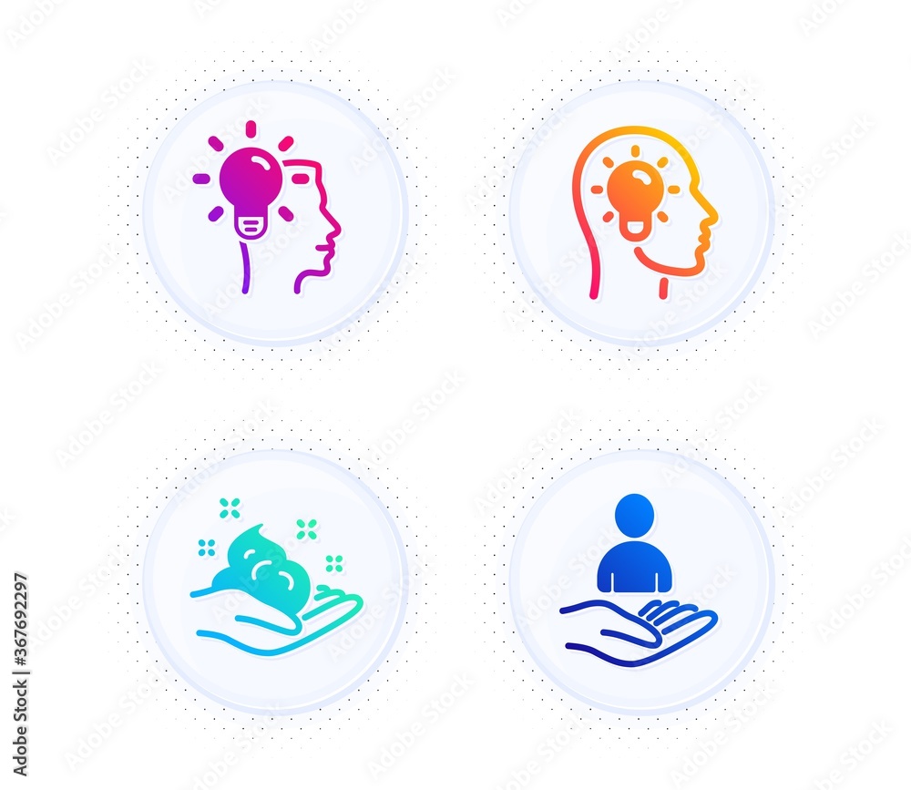 Idea head, Idea and Skin care icons simple set. Button with halftone dots. Recruitment sign. Lightbulb, Professional job, Hand cream. Hr. People set. Gradient flat idea head icon. Vector Idea head, Idea and Skin care icons simple set. Button with halftone dots. Recruitment sign. Lightbulb, Professional job, Hand cream. Hr. People set. Gradient flat idea head icon. Vector