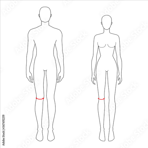 Women and men to do knee measurement fashion Illustration for size chart. 7.5 head size girl and boy for site or online shop. Human body infographic template for clothes. 