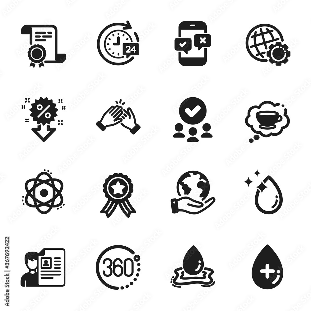 Set of Business icons, such as Clapping hands, Globe. Certificate, approved group, save planet. Discount, Job interview, Water splash. Atom, Water drop, Coffee cup. Vector