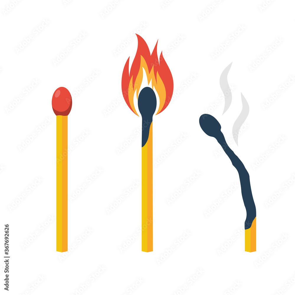 Collection color of matches. Burning match, in smoke and whole. Vector illustration flat design. Isolated on white background. Wooden match with fire. Collection color of matches. Burning match, in smoke and whole. Vector illustration flat design. Isolated on white background. Wooden match with fire.