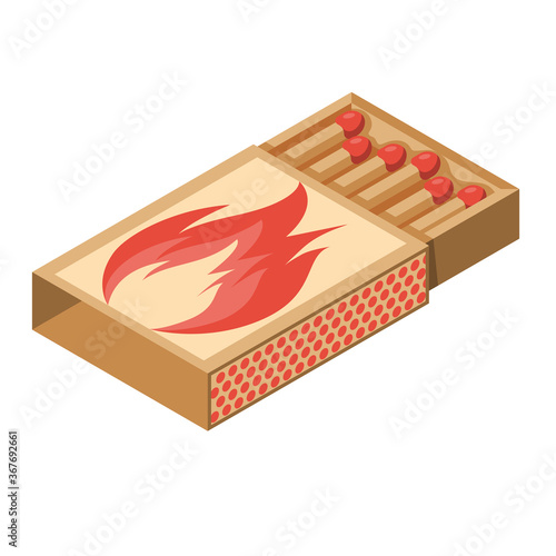 Isometric 3d icon matchbox. Cardboard box with wooden matches. Vector illustration cartoon design. Isolated on white background.