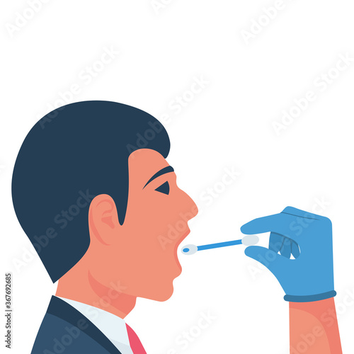 Nasal swab laboratory test from mouth. Person express test. Study of patients. Diagnosis of coronavirus COVID-19. Doctor in medical gloves makes an analysis. Vector design. Isolated on background.
