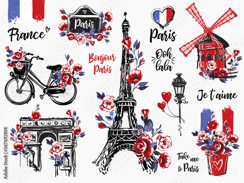 Paris vintage watercolor illustration set. France capital romantic illustration in beautiful style. Vector sketches set on white background