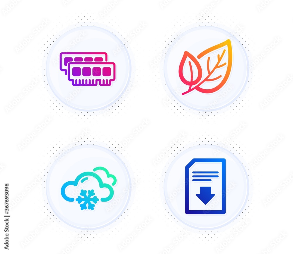 Leaf, Snow weather and Ram icons simple set. Button with halftone dots. Download file sign. Ecology, Snowflake, Random-access memory. Load document. Business set. Gradient flat leaf icon. Vector