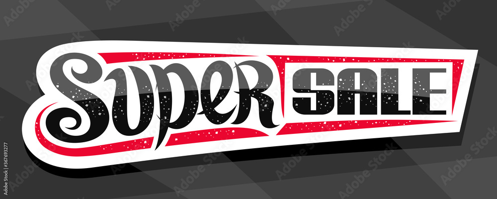 Vector banner for Super Sale, white decorative badge for black friday or cyber monday sale with unique hand written lettering for words super sale on grey abstract background.