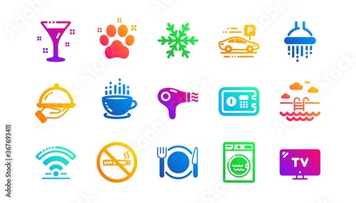 Wi-Fi, Air conditioning and Washing machine. Hotel service icons. Pets, swimming pool and hotel parking icons. Classic set. Gradient patterns. Quality signs set. Vector