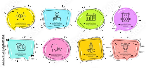 Dollar exchange, Woman read and Breathing exercise signs. Speech bubbles with quotes. Microphone, Calendar and Speakers line icons set. Accounting report, Crowdfunding symbols. Vector