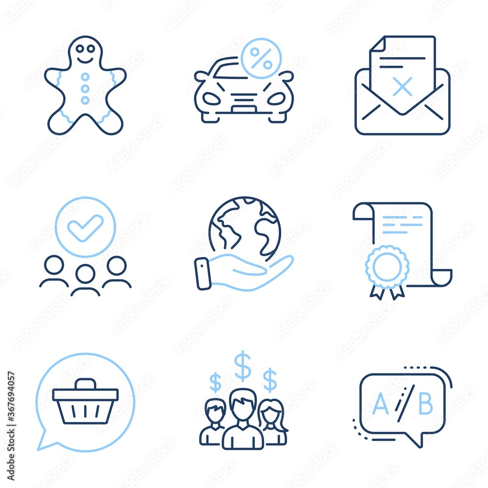 Ab testing, Car leasing and Shopping cart line icons set. Diploma certificate, save planet, group of people. Reject letter, Salary employees and Gingerbread man signs. Vector Ab testing, Car leasing and Shopping cart line icons set. Diploma certificate, save planet, group of people. Reject letter, Salary employees and Gingerbread man signs. Vector