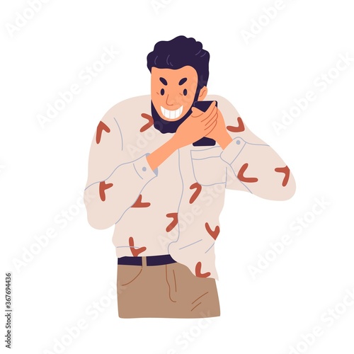 Cheerful bearded guy laugh listening funny message on smartphone vector flat illustration. Smiling, chuckling man hold mobile phone isolated on white. Positive emotions using digital device