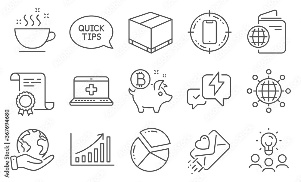 Set of Business icons, such as Smartphone target, Travel passport. Diploma, ideas, save planet. Coffee cup, Graph chart, Lightning bolt. International globe, Quickstart guide, Pie chart. Vector Set of Business icons, such as Smartphone target, Travel passport. Diploma, ideas, save planet. Coffee cup, Graph chart, Lightning bolt. International globe, Quickstart guide, Pie chart. Vector