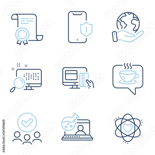 Search, Atom and Smartphone protection line icons set. Diploma certificate, save planet, group of people. Online payment, Coffee and Online chemistry signs. Find file, Electron, Phone. Money. Vector
