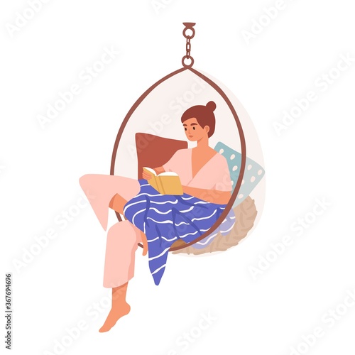 Relaxed domestic girl sitting in comfy hanging chair reading book vector flat illustration. Woman resting covered blanket surrounded by pillows isolated. Female enjoying recreation and selftime