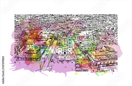 Building view with landmark of Aguascalientes is a city in central Mexico known for the Spanish. Watercolor splash with hand drawn sketch illustration in vector.