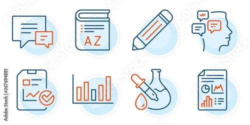 Vocabulary, Report checklist and Column chart signs. Report document, Chemistry experiment and Comment line icons set. Pencil, Messages symbols. Growth chart, Laboratory flask. Education set. Vector