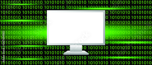 green binary code with white screen computer monitor 