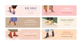 Set of woman legs in trendy shoes shopping banner vector flat illustration. Bundle of promo flyer with place for text. Discount, big final sale, seasonal collection of footwear store or shop isolated.