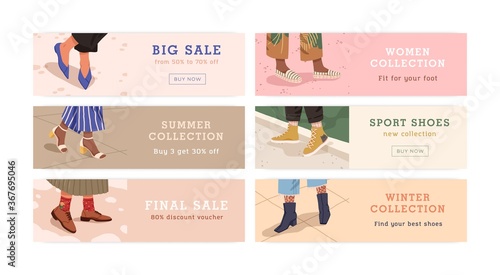 Set of woman legs in trendy shoes shopping banner vector flat illustration. Bundle of promo flyer with place for text. Discount, big final sale, seasonal collection of footwear store or shop isolated.