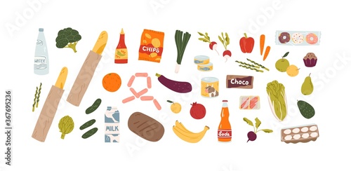 Set of different grocery food and drink products vector flat illustration. Collection of various fruit, vegetables, beverage, snack, and can isolated on white. Healthy and unhealthy meal