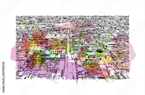 Building view with landmark of Aguascalientes is a city in central Mexico known for the Spanish. Watercolor splash with hand drawn sketch illustration in vector.
