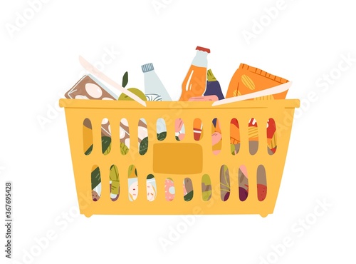 Plastic grocery cart with handles full of products vector flat illustration. Shopping basket with food, drink, bottle, fruit and vegetable isolated on white. Equipment from self-service shop