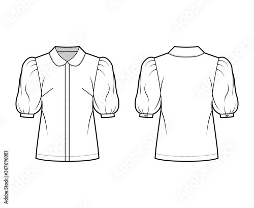 Elbow puff sleeve shirt technical fashion illustration with round collar, front button-fastening, loose silhouette. Flat blouse apparel template front, back white color. Women, men unisex top CAD