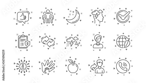 Privacy Policy, Social Responsibility. Check mark, Sharing economy and Mindfulness stress line icons. Linear icon set. Geometric elements. Quality signs set. Vector
