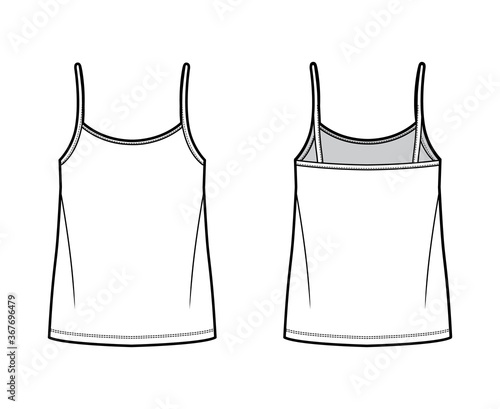 Camisole top technical fashion illustration with oversized body, bonded strap scoop neck. Flat cami shirt apparel template front, back, white color. Women, men unisex CAD mockup