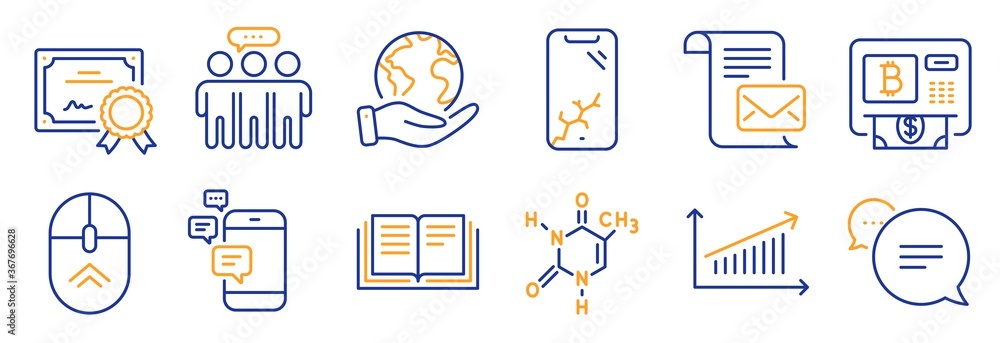 Set of Technology icons, such as Chart, Smartphone broken. Certificate, save planet. Employees group, Communication, Chemical formula. Text message, Education, Bitcoin atm. Vector Set of Technology icons, such as Chart, Smartphone broken. Certificate, save planet. Employees group, Communication, Chemical formula. Text message, Education, Bitcoin atm. Vector