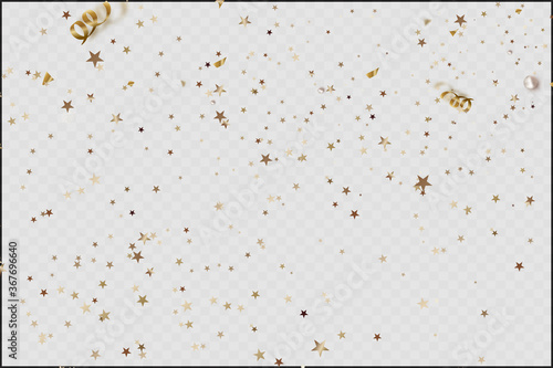 Golden confetti and ribbons on a transparent background, falling party decorations