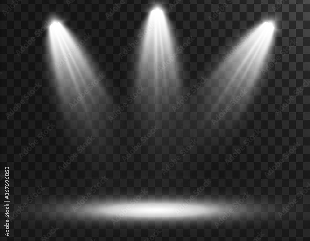 Set of Spotlight isolated on transparent background. Vector glowing light effect with gold rays and beams - obrazy, fototapety, plakaty 