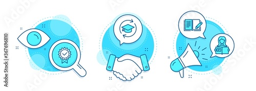 Certificate, Feedback and Continuing education line icons set. Handshake deal, research and promotion complex icons. Woman read sign. Verified award, Book with pencil, Online education. Vector