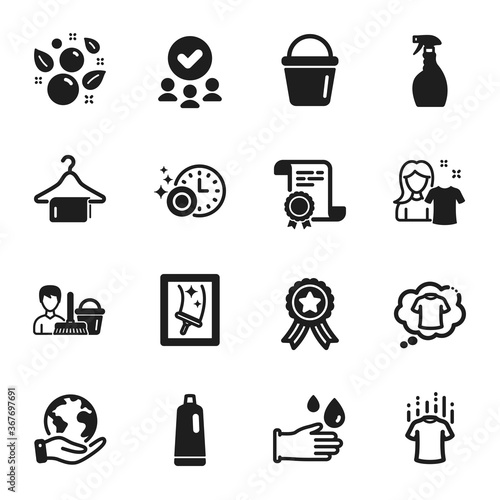 Set of Cleaning icons, such as Clean towel, Dry t-shirt. Certificate, approved group, save planet. Spray, Window cleaning, Bucket. Clean bubbles, Rubber gloves, T-shirt. Vector